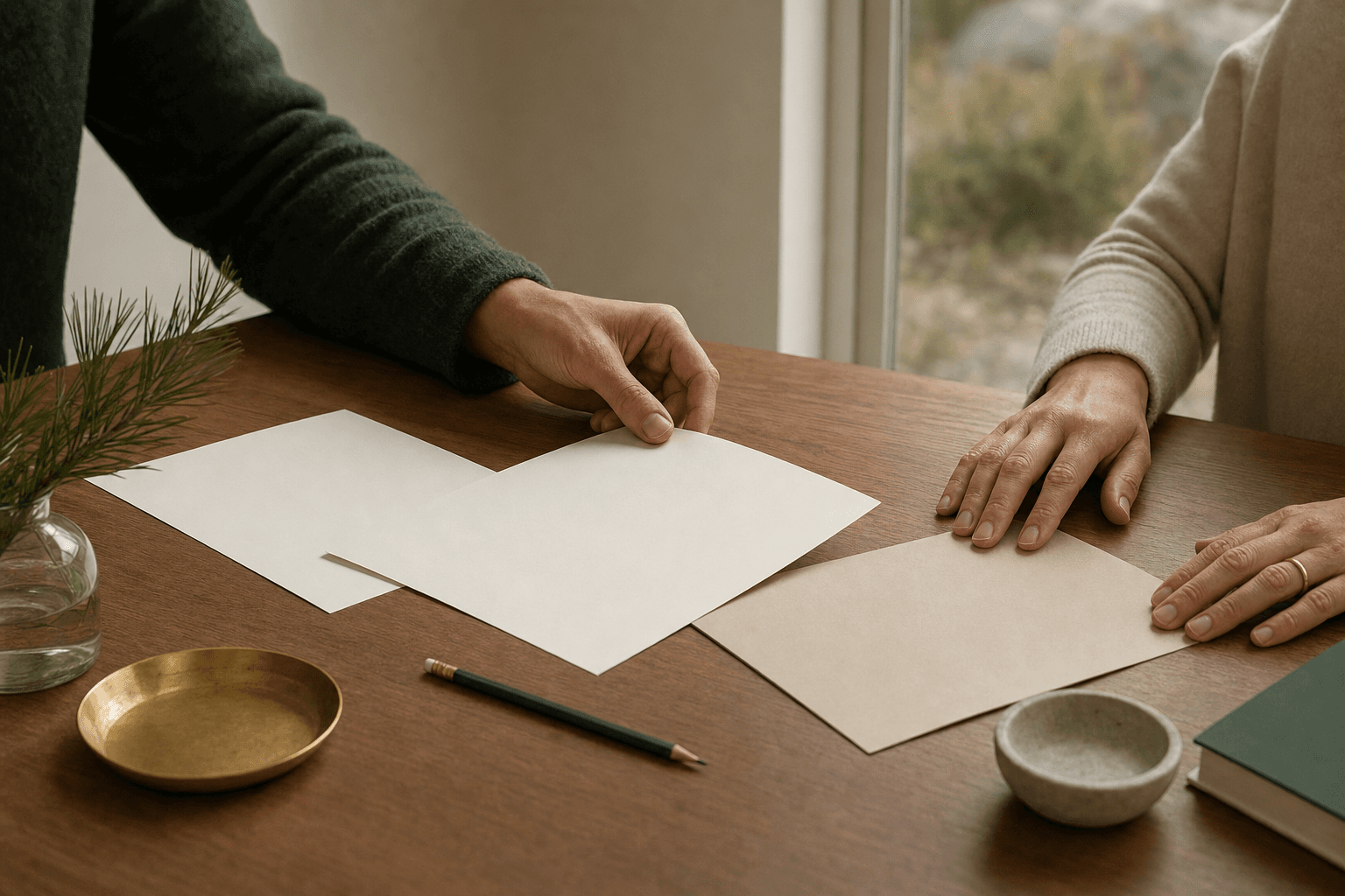 Two people arranging blank papers around a table